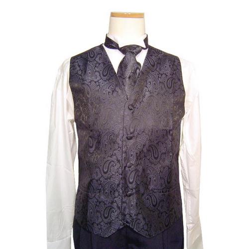 Tessori Black/Paisley Design Dress Vest/NeckTie/BowTie/Hanky Set